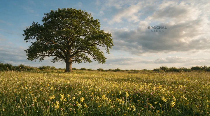 Rewilded meadow with tree and yellow flowers in the landscape - AI-generated stock image