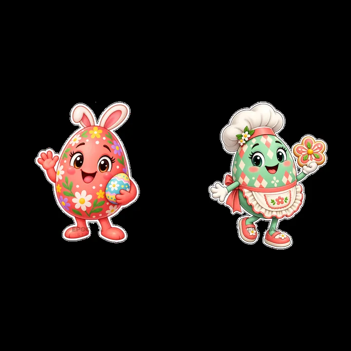 Colorful cartoon Easter eggs with festive decorations and expressions - AI-generated stock image