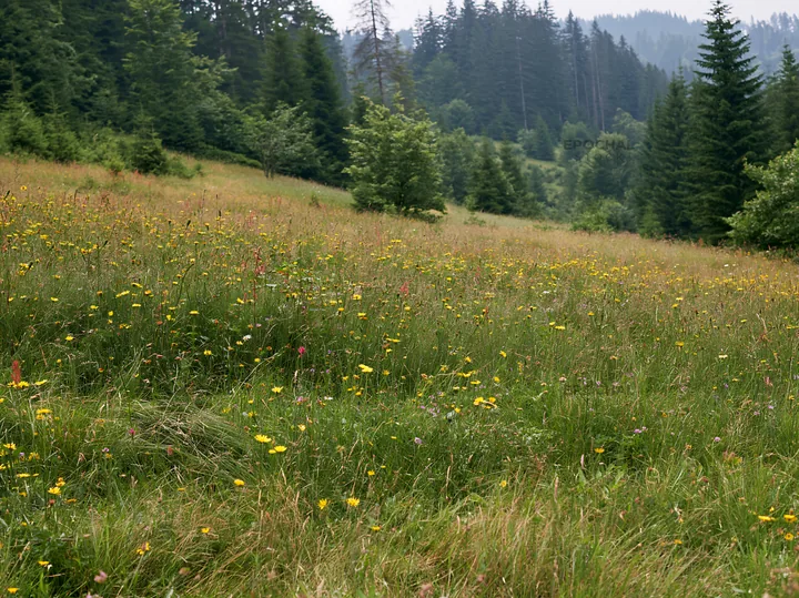 Regenerative meadow with wildflowers in a forested area - AI-generated stock image