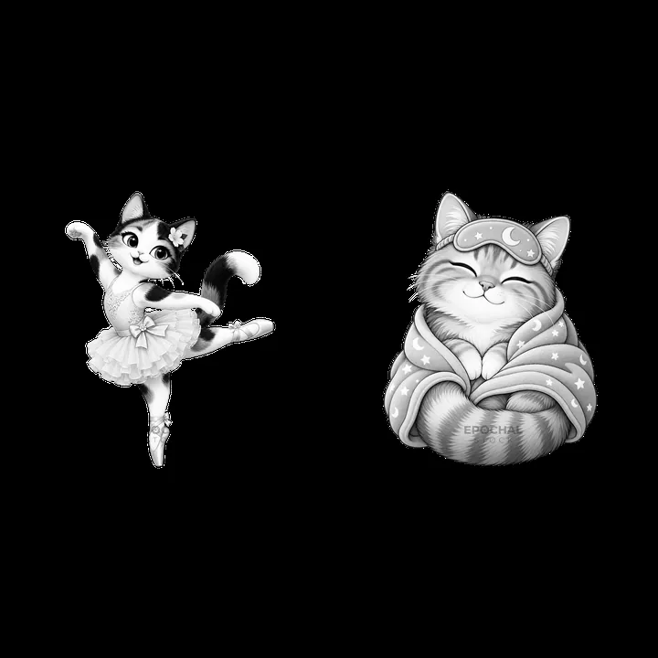 Ballet cat and cozy cat in black and white cartoon sticker - AI-generated stock image