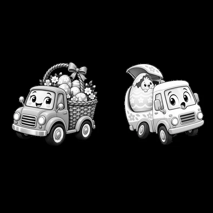 Easter trucks carrying baskets and eggs with cute characters - AI-generated stock image