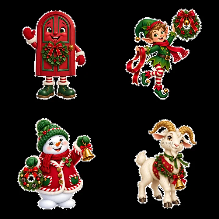 Christmas door with festive characters and decorations - AI-generated stock image