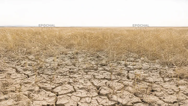Drought-tolerant meadow under clear sky with dry soil - AI-generated stock image