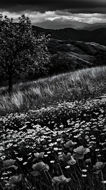 Moody landscape in an orchard meadow during overcast weather - AI-generated stock image