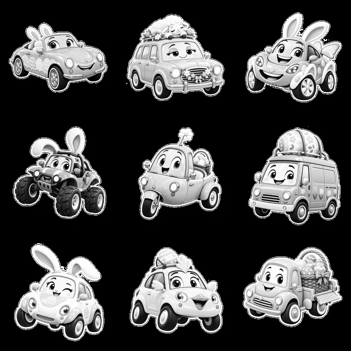 Easter themed cartoon cars with bunny decorations and eggs - AI-generated stock image