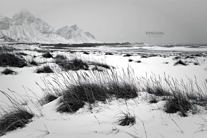 Snowy meadow by the beach with waves and mountains in the distance - AI-generated stock image