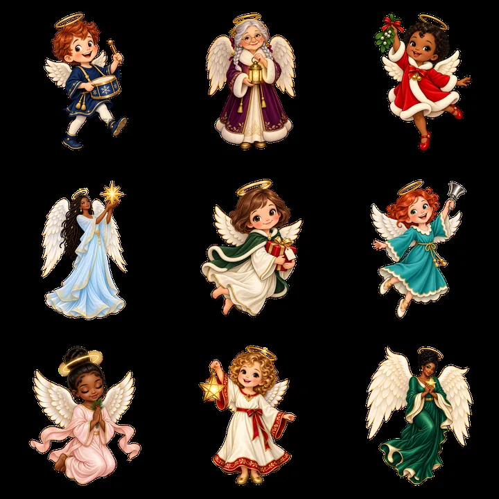 Cartoon angel stickers arranged in a 3x3 grid for Christmas theme - AI-generated stock image