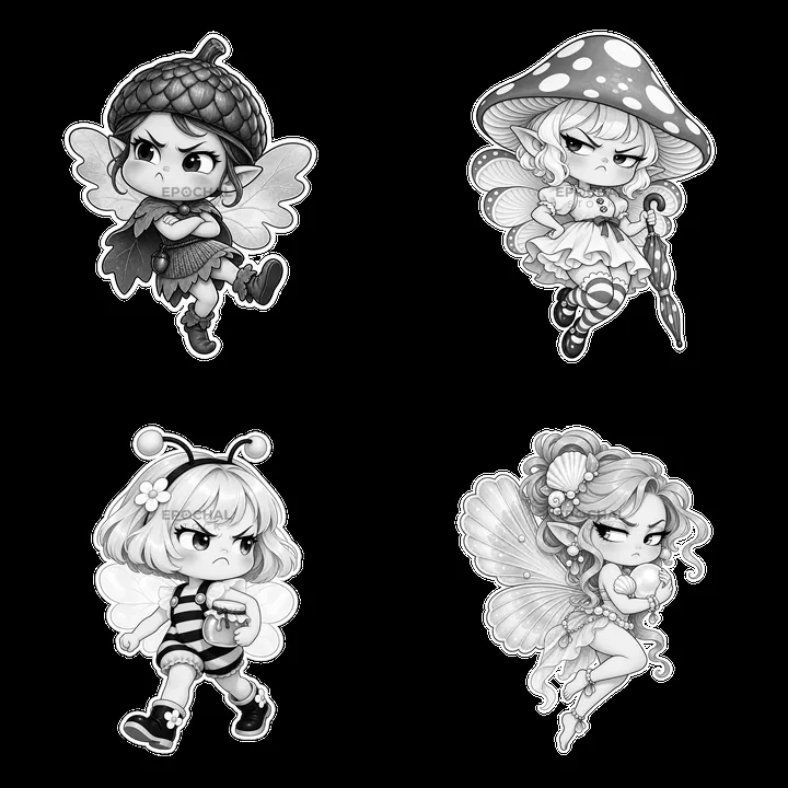 Diverse black and white grumpy fairy kawaii stickers - AI-generated stock image