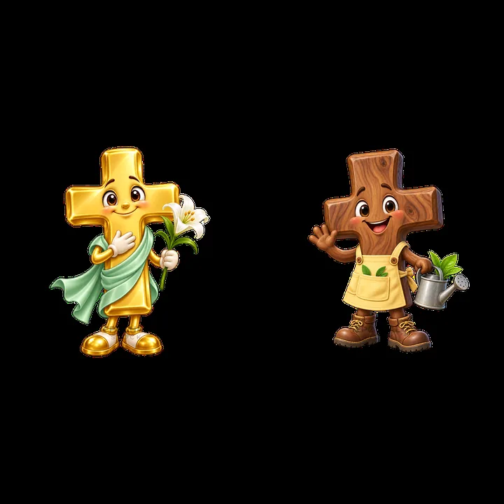 Easter cross characters with flowers and gardening tools - AI-generated stock image