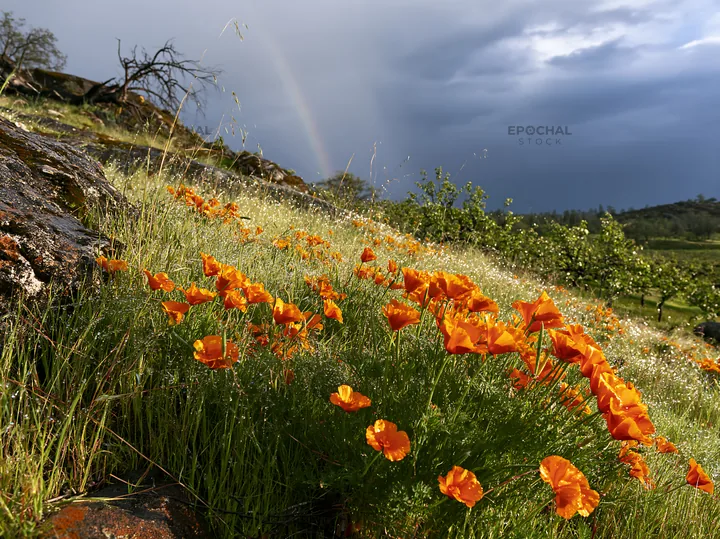 Foothill orchard meadow with blooming orange flowers - AI-generated stock image