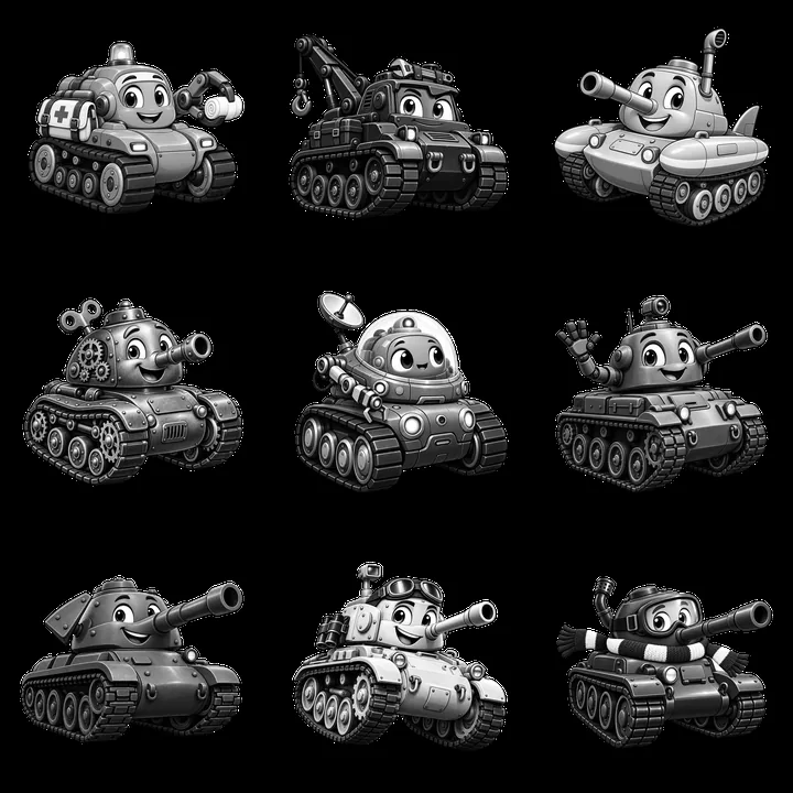 Cartoon tanks in a grid with various designs and expressions - AI-generated stock image