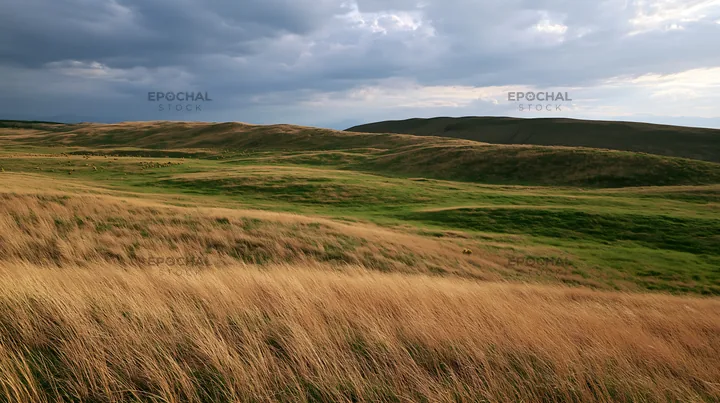 Tottori windy meadow with dune grasses under cloudy sky - AI-generated stock image