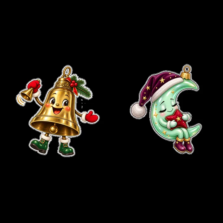 Cheerful bell and moon characters as Christmas ornaments - AI-generated stock image
