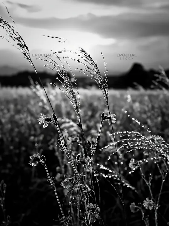 Black and white iwate rain refreshed meadow seedhead foreground - AI-generated stock image