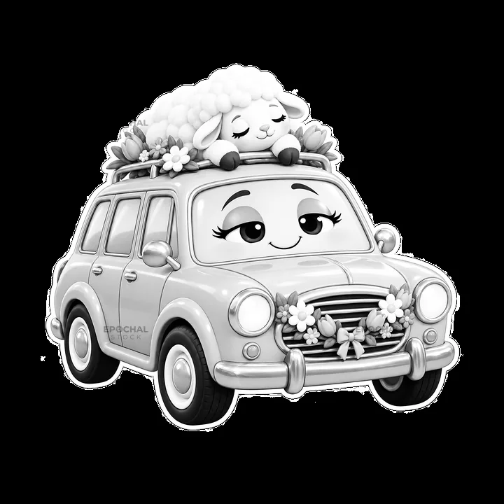 Easter car with sheep and flowers on the roof - AI-generated stock image