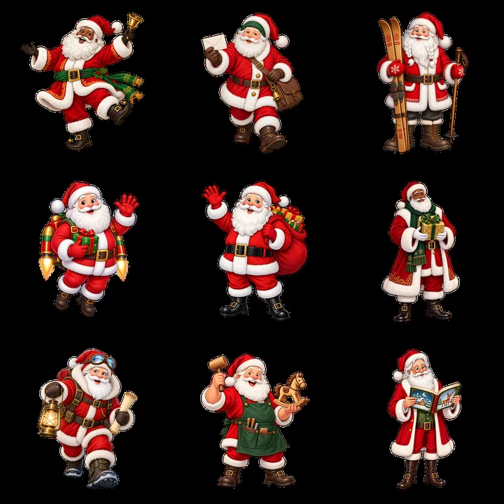 Santa Claus characters in various festive activities - AI-generated stock image