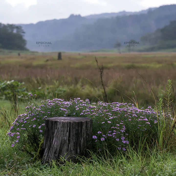 Fukushima native meadow with weathered stump - AI-generated stock image