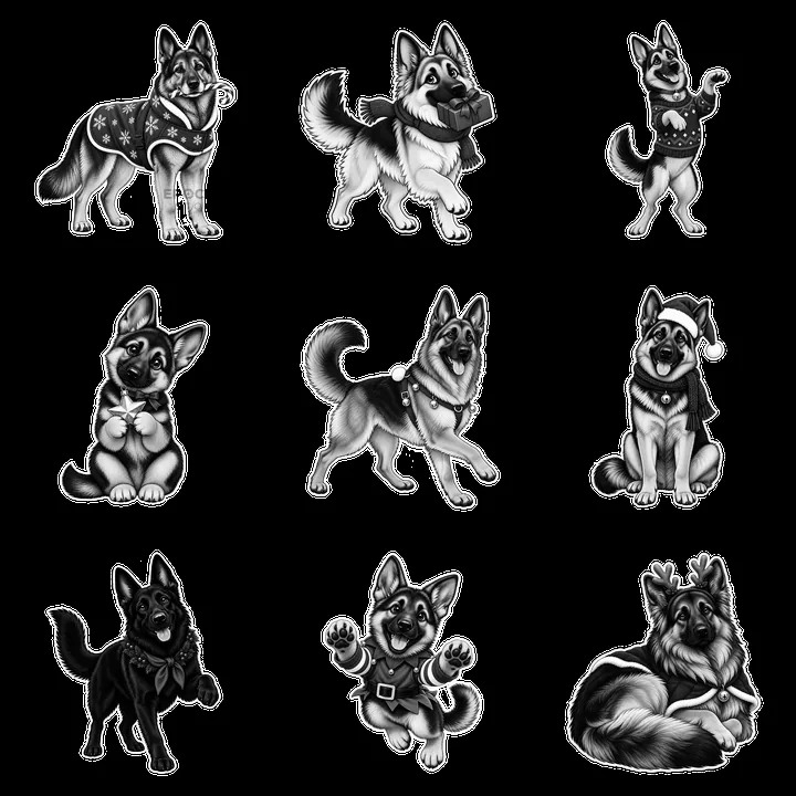 German Shepherds in Christmas attire with various activities - AI-generated stock image