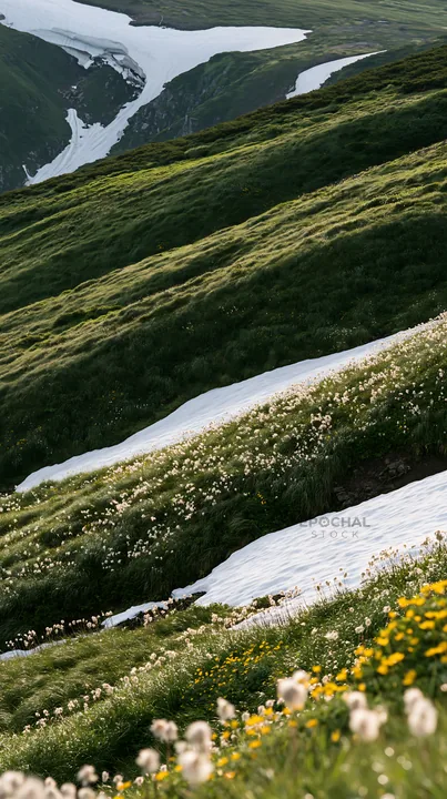 Akita snowmelt meadow with silver grasses and flowers - AI-generated stock image