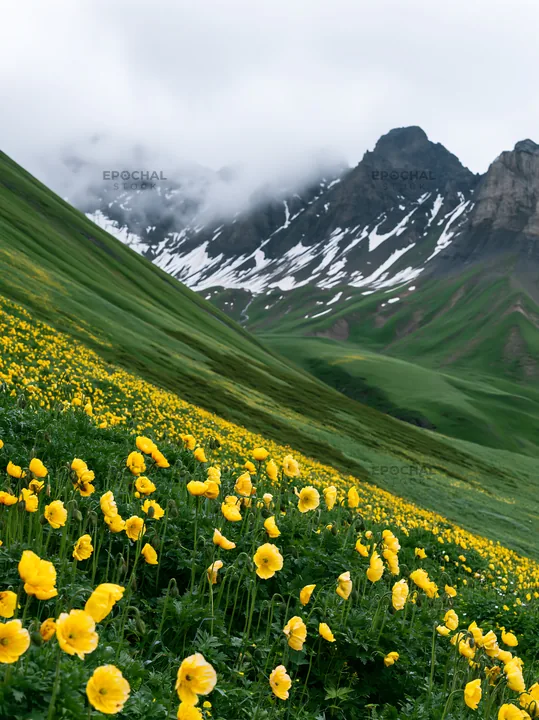 Swiss alpine poppy meadow with mountains and clouds - AI-generated stock image