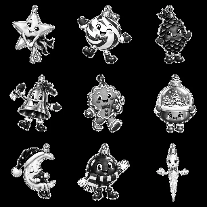 Christmas ornament characters with various festive designs - AI-generated stock image