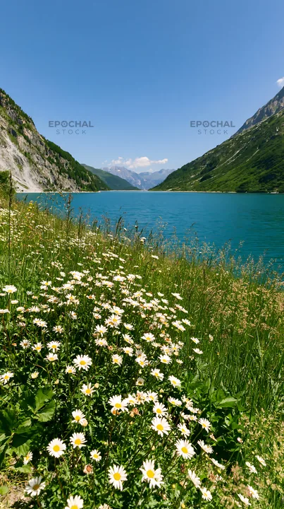 Swiss meadow beside alpine lake with flowers in foreground - AI-generated stock image