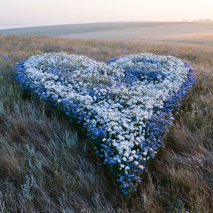 Frosted meadow with heart-shaped flowers at dawn - AI-generated stock image