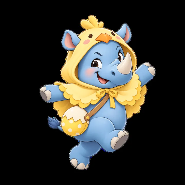 Easter rhinoceros character in a yellow chick costume with egg - AI-generated stock image