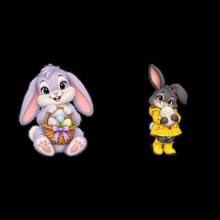Easter bunny characters with colorful eggs in a basket - AI-generated stock image