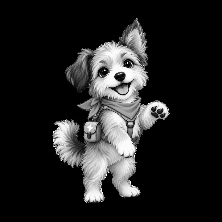 Cute K-9 dog with a first aid bag and scarf standing on two legs - AI-generated stock image