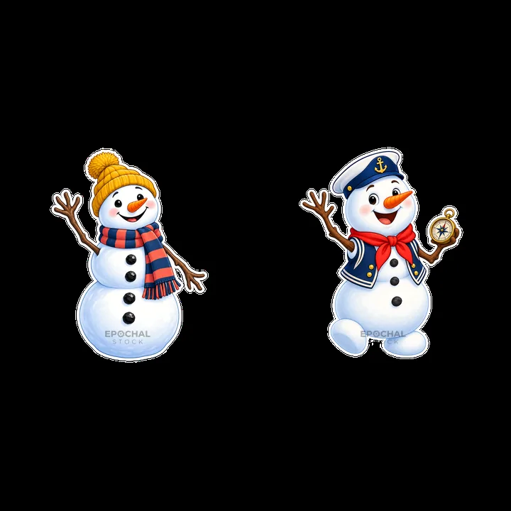 Snowman characters dressed in winter and nautical themes - AI-generated stock image