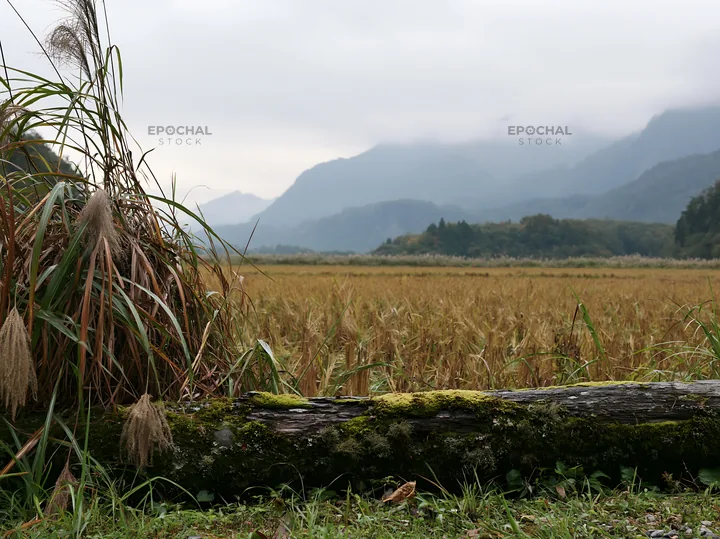 Gifu low carbon meadow mossy log near mountains and fields - AI-generated stock image