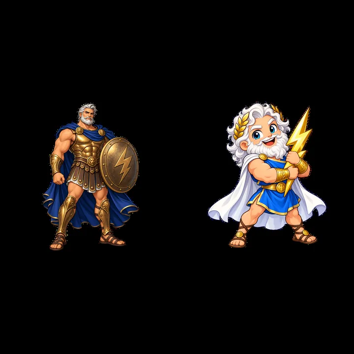 Zeus and Hercules comic sticker pair with symbols of power - AI-generated stock image