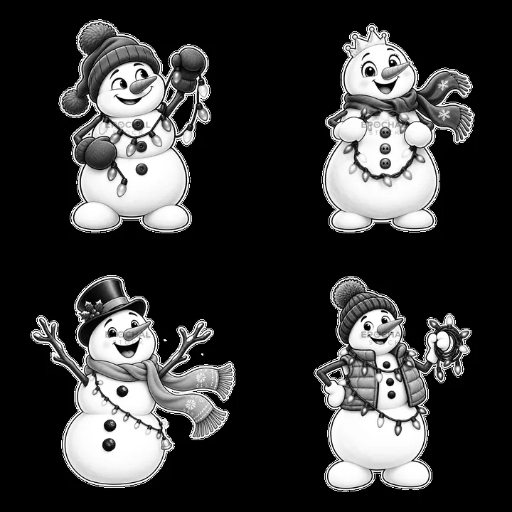 Four snowmen with string lights in various poses and outfits - AI-generated stock image