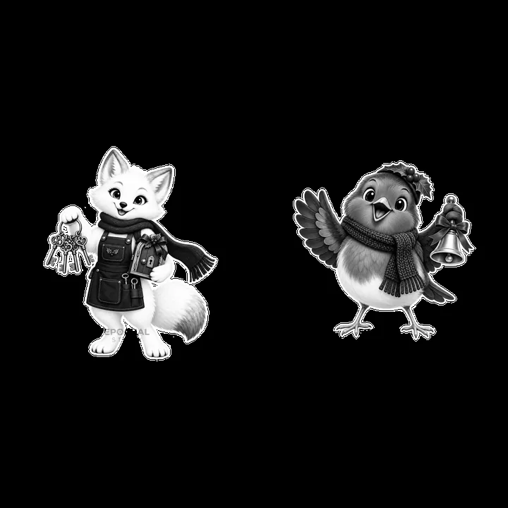 Christmas fox with keys and bird holding a bell - AI-generated stock image