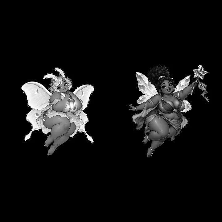 Kawaii ultra-fat fairies with accessories flying in harmony - AI-generated stock image