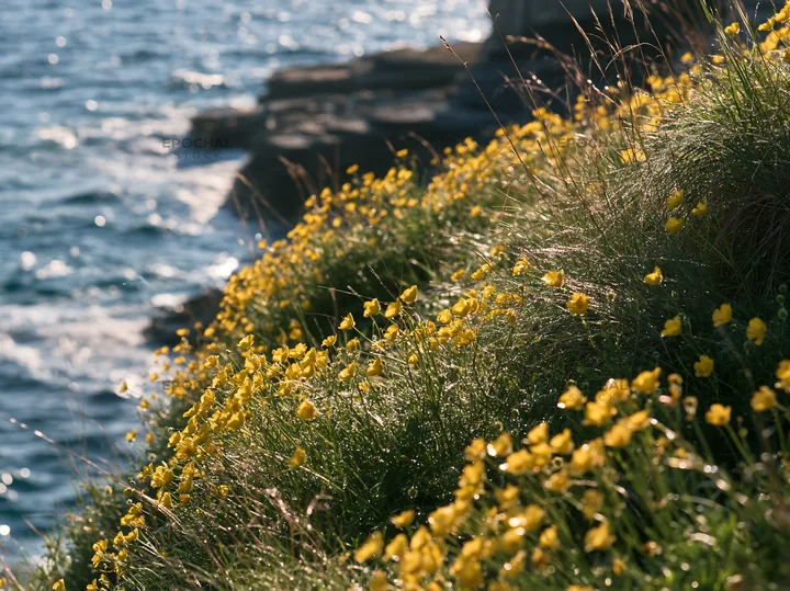 Vibrant flowers along rocky coast in Italian meadow - AI-generated stock image