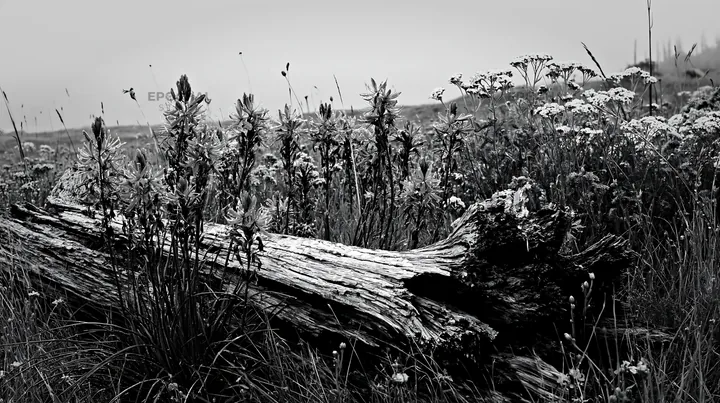 Weathered log surrounded by wildflowers in a meadow - AI-generated stock image