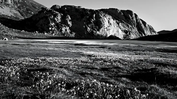 Frozen tarn meadow with rocky formations - AI-generated stock image