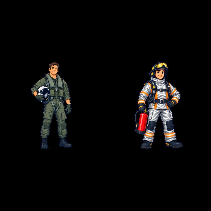 Pilot and firefighter duo cartoon sticker illustration - AI-generated stock image