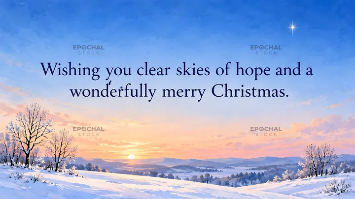 Christmas Greeting Over a Snowy Winter Sunrise - AI-generated stock image