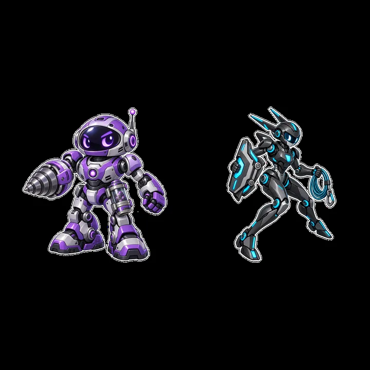 Two mech robots in action with drill and shield accessories - AI-generated stock image