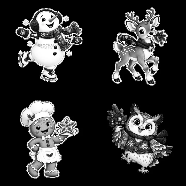 Christmas characters in black-and-white cartoon sticker illustration - AI-generated stock image