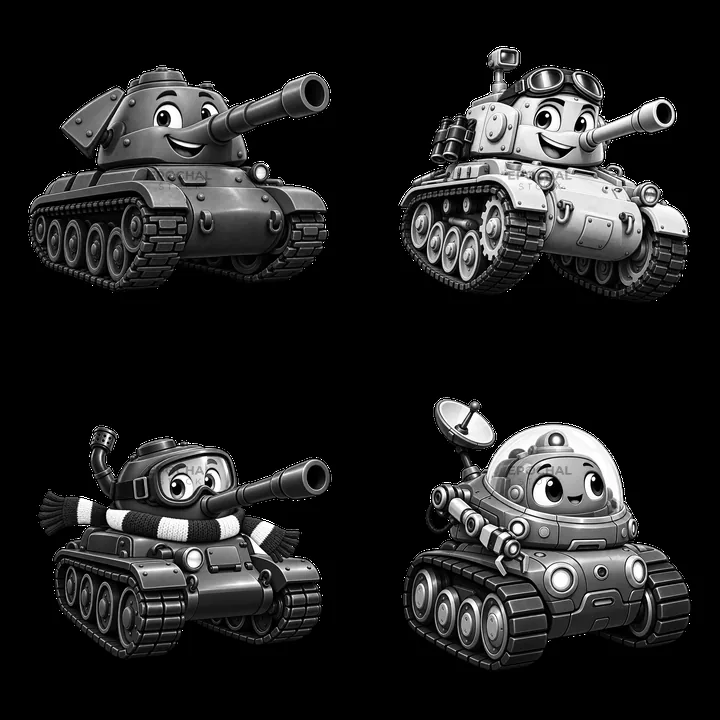 Cartoon tanks with happy faces in a black-and-white design - AI-generated stock image