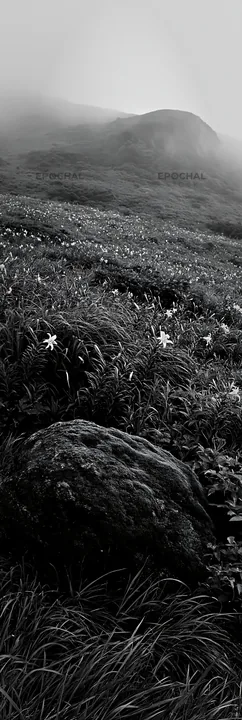 Black and white shimane misty meadow moss covered stone with yellow flowers - AI-generated stock image