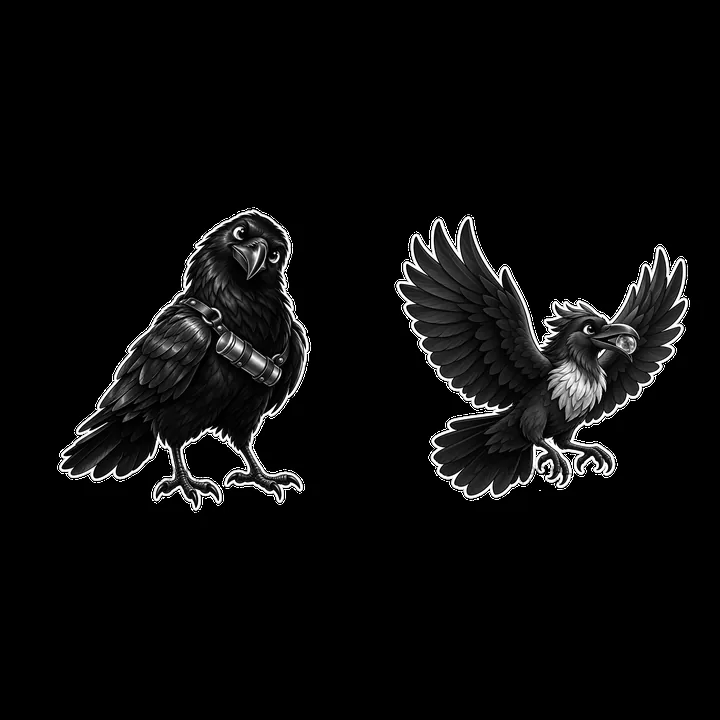 Odin's two ravens in black-and-white sticker illustration - AI-generated stock image