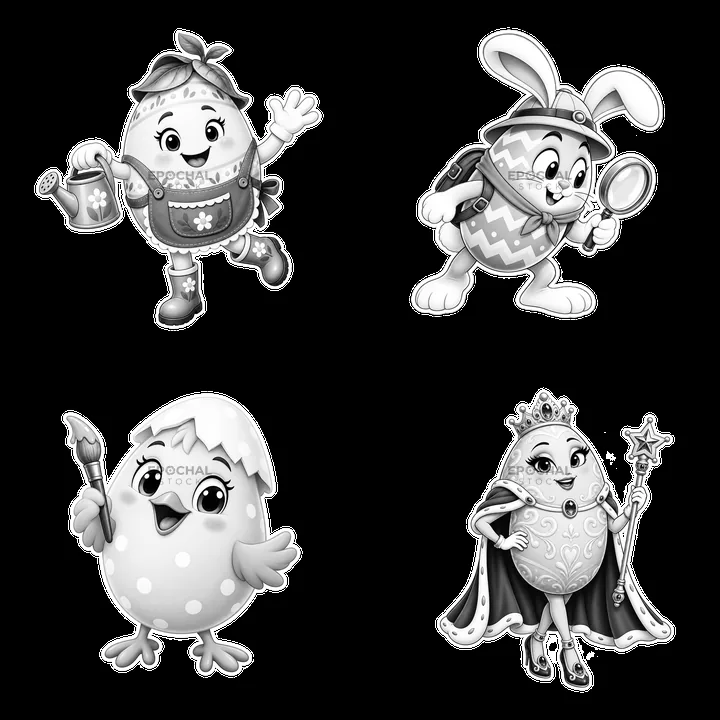 Cartoon characters celebrating Easter with eggs and accessories - AI-generated stock image