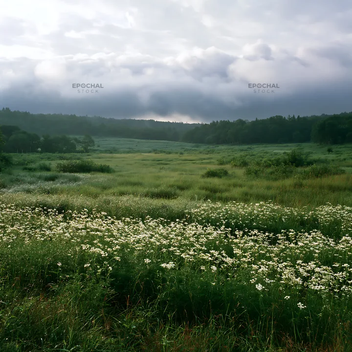 Expansive Hokkaido restoration meadow with dewdrops - AI-generated stock image