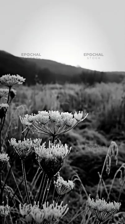 Seedhead meadow at dawn with mist over the hills - AI-generated stock image