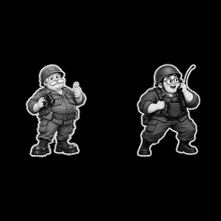 Cute ultra-chubby soldiers with accessories in black and white - AI-generated stock image